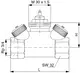Oventrop Regelventil mit zwei seitlichen Anschlüssen, Steuerknöpfen oben, und Gewinde. Technische Maße sind auf dem Diagramm dargestellt.
